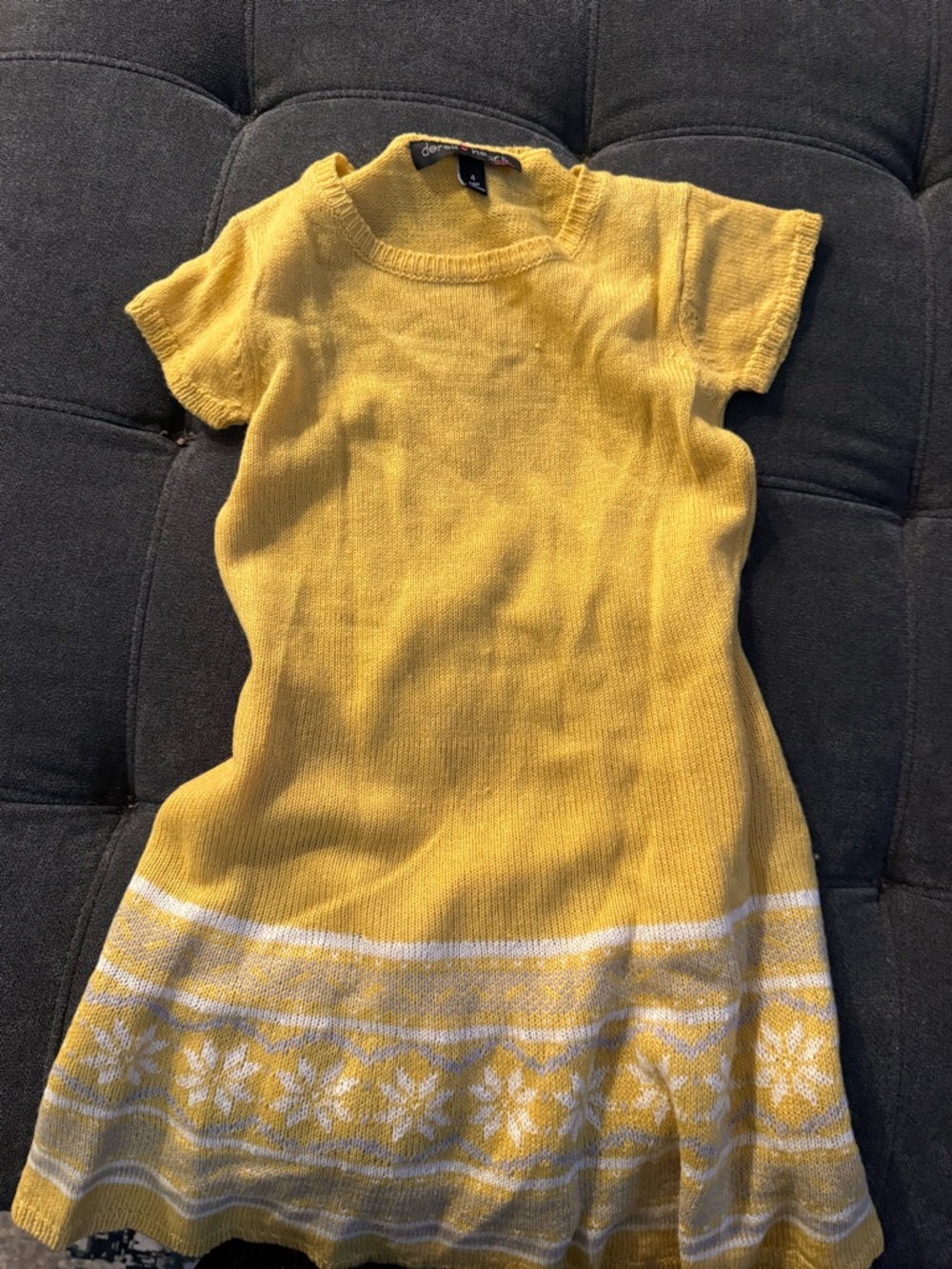 Derek Heart Yellow Knit Short-Sleeve Dress with White Snowflake Hem